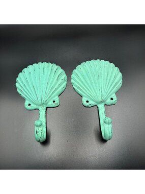 Cast Iron Shell Wall Hooks Distressed Aqua Green Coastal Nautical Set of 2 VTG